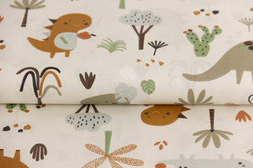 Baumwollwebware mit Dinosauriern, hellbeige, ocker, 0,5 m